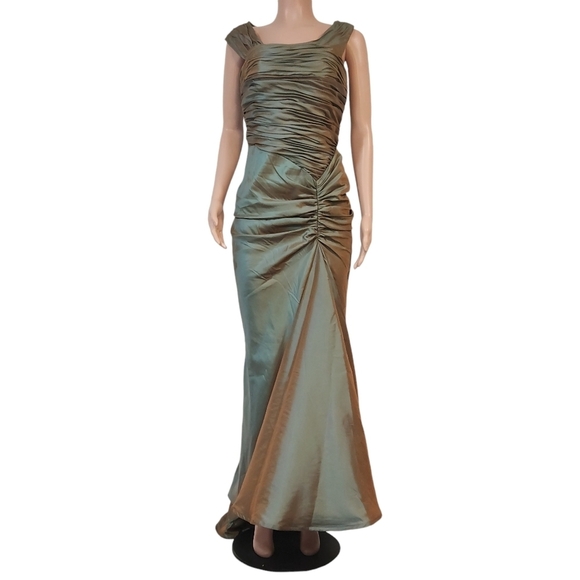 Xscape By Joanna Chen Ruffle Greenish Gold Ruched Maxi Tail Tafetta Dress Sz 10 - Picture 1 of 12